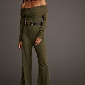 12th Tribe Greenwich Olive Knit Off The Shoulder Jumpsuit Size LL